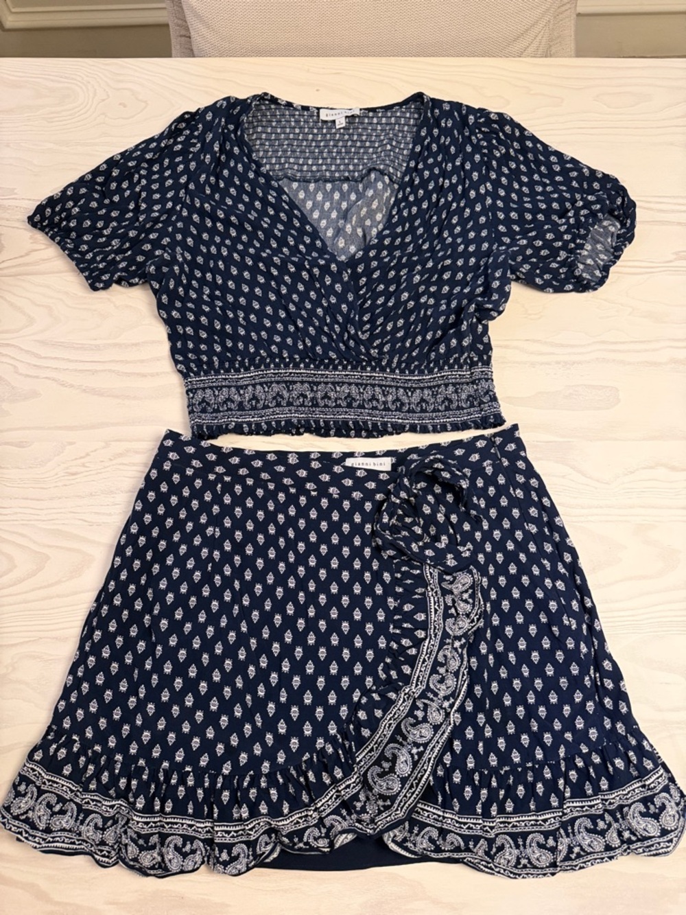 Gianni Bini Navy Printed Wrap Skirt and Puff Sleeve Top Matching Set